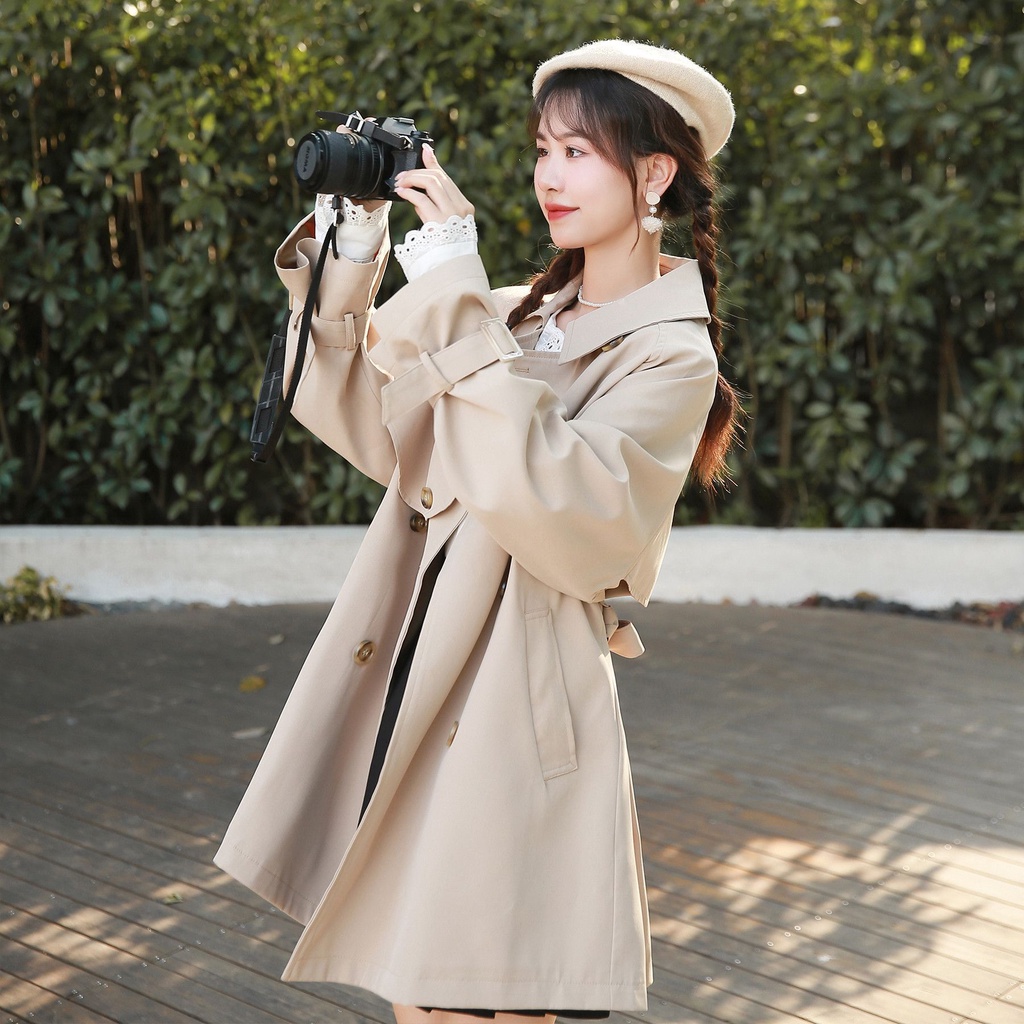 Khaki medium length trench coat Women's Spring and Autumn 2023