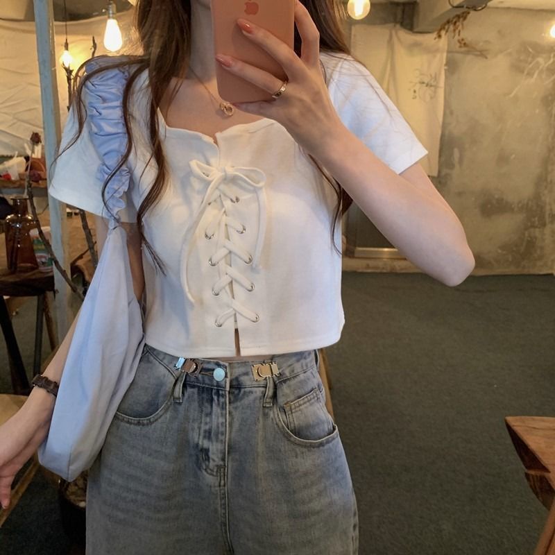Korean Summer New Women Slim Versatile Lace-up Design Short Sleeve Top ...