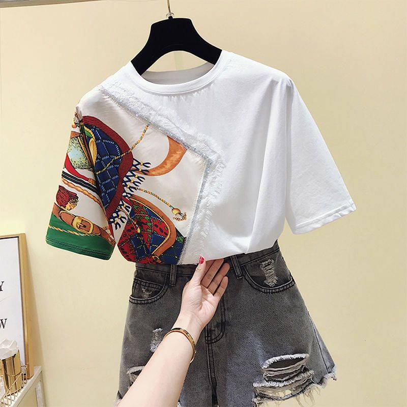 6.6  特价促销【现货高端纯棉拼色印花短袖T恤】Ready Stock High-end pure cotton color matching printing short-sleeved T-shirt women's design sense pattern splicing round neck short-sleeved top summer western style small sh