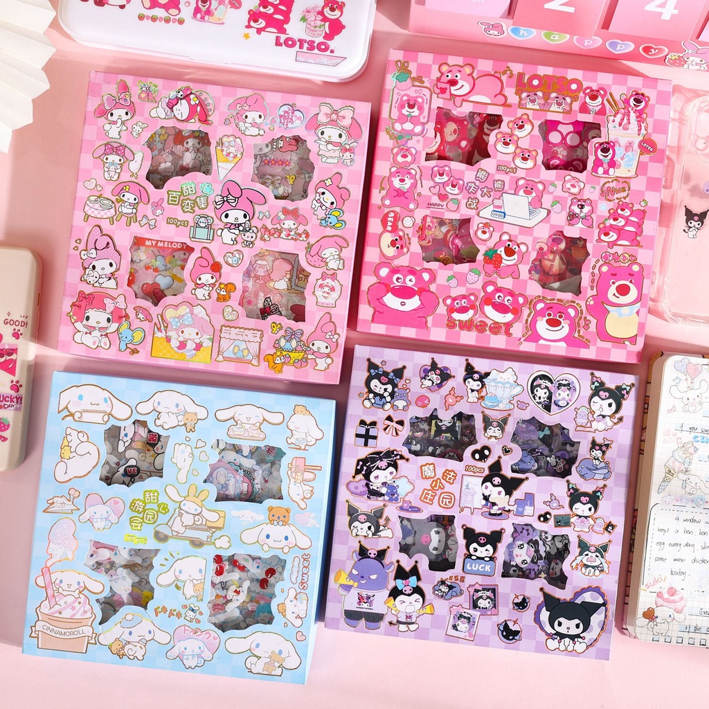 100 Sheets Sanrio Cute Stickers Transparent Cartoon Sticker Gift Box
