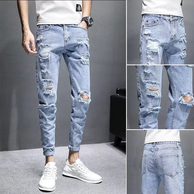 Trendy Brushed Ripped Jeans Men's Trendy Brand Slimfit Denim Skinny