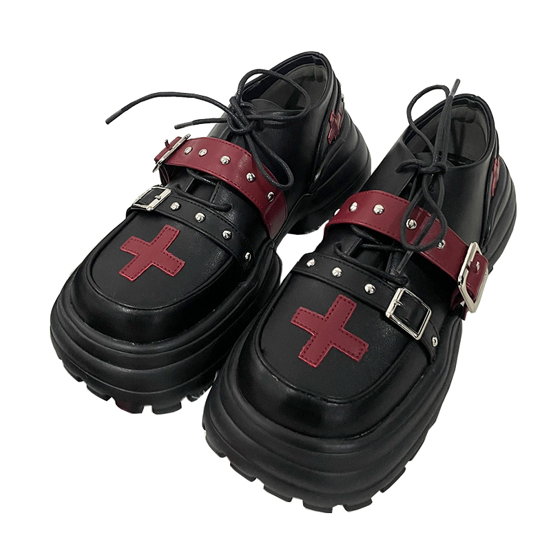 [Jt Punk] Cross Contrast Color Buckle Strap Patent Leather Round Toe ...