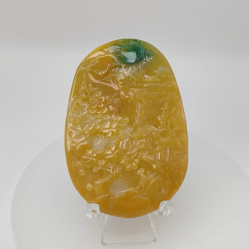 Natural Burmese Jade Ice Yellow Jade with Green Mountain Water Artistic ...