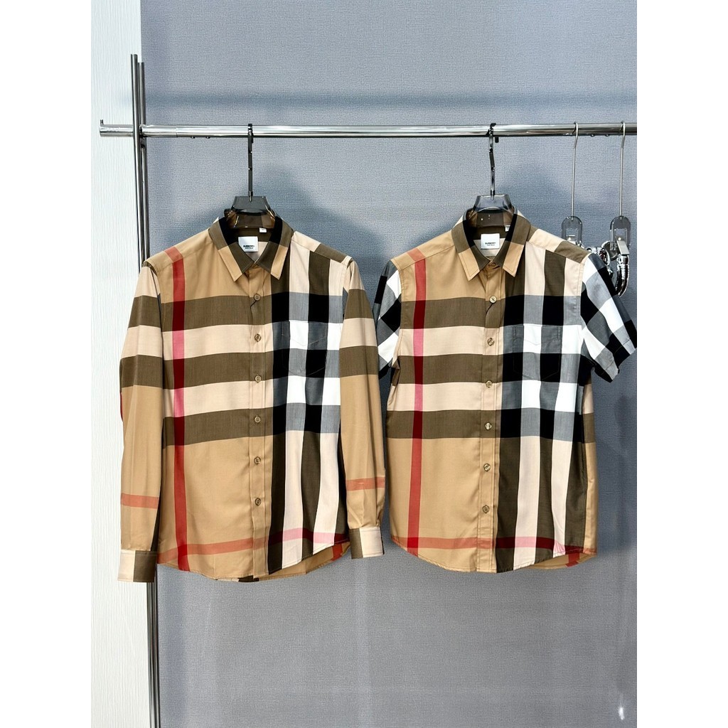 Check Web Burberry shirt anti wrinkle Brown stripe Black gray big LA 1 1 on the web Shopee Singapore