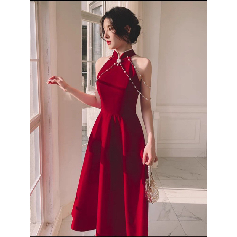 Draped High-Neck Dress With Flowing Train