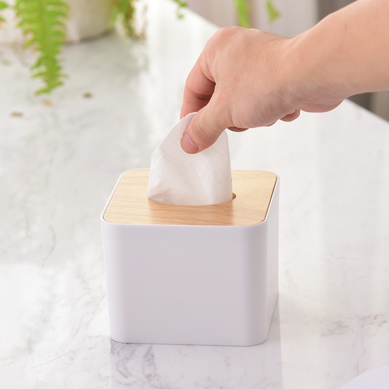 Desktop Tissue Box with Wooden Lid, Convenient Multi-Purpose Square ...