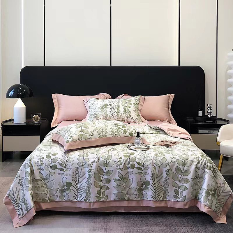 Imported 2023 Thai Silk Bedding Set, Brown Wire Leaf Piece Shopee