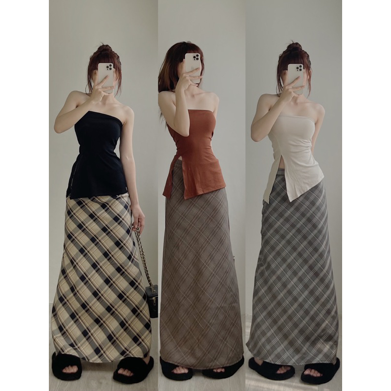 90cm A-line long plaid skirt, Korean style checkered midi skirt