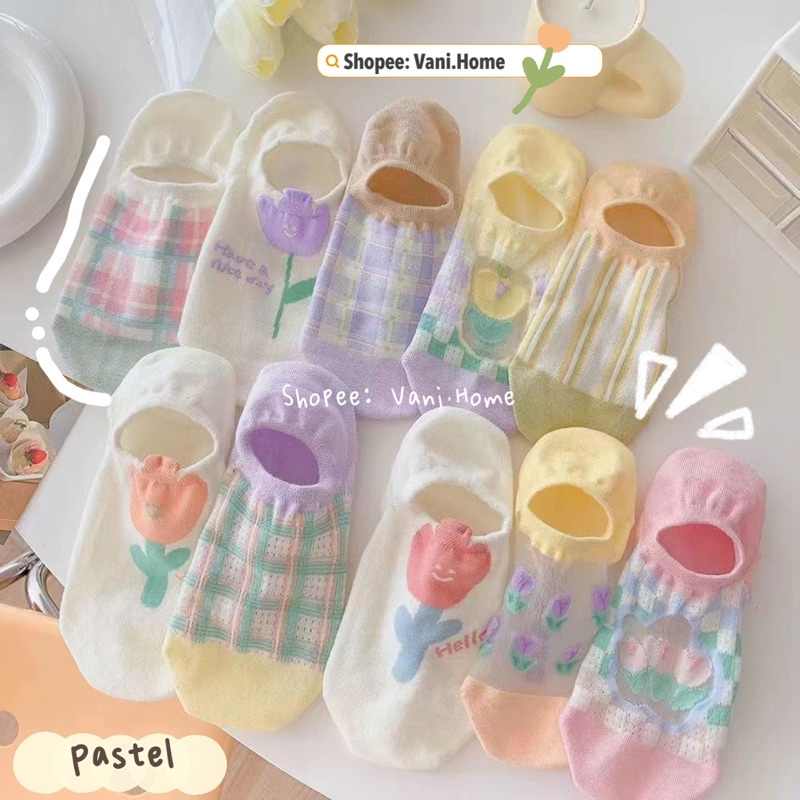 Odd 1 pair of sweet Tulip Pastel short-neck lazy socks in breathable ...