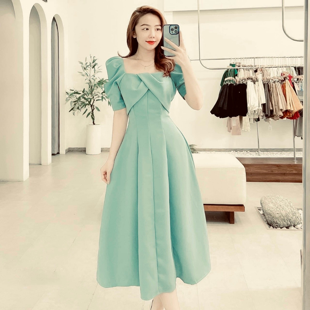 Freesize mint Square Neck Dress In Front Of Chest | Shopee Singapore