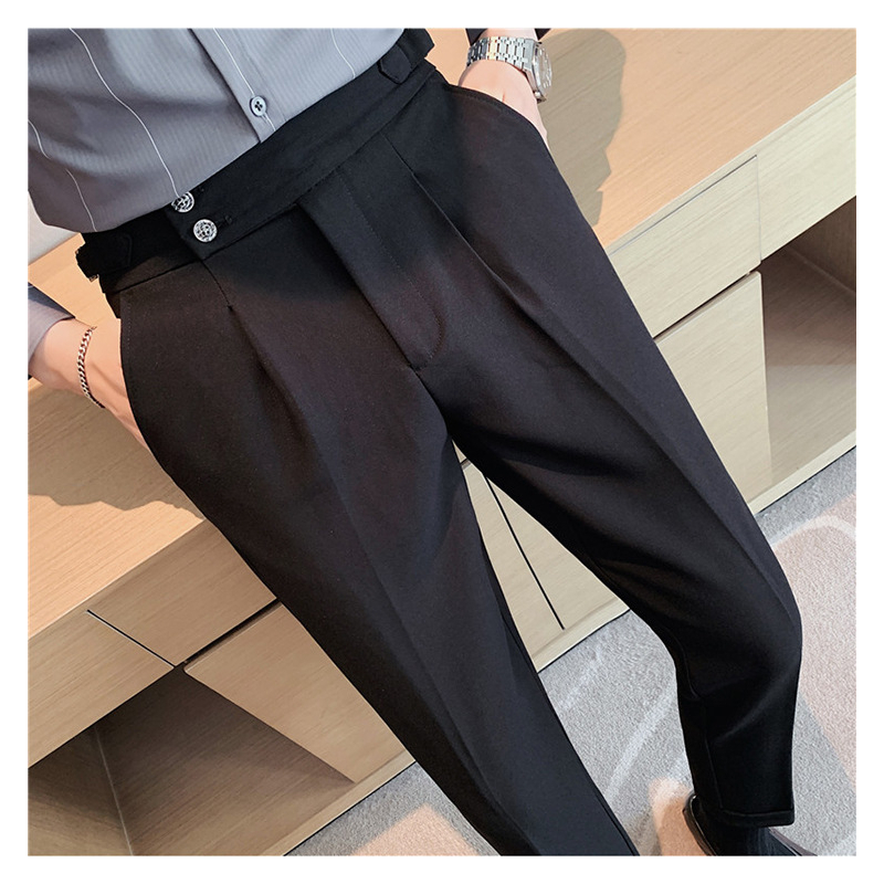 Men's High Waist Pants 2 Buttons, Korean Office Sidetab Pants Soft Rain ...