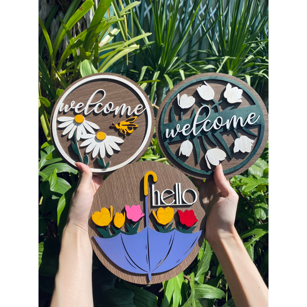 Decorative wooden welcome sign hanging on the door for super shop ...