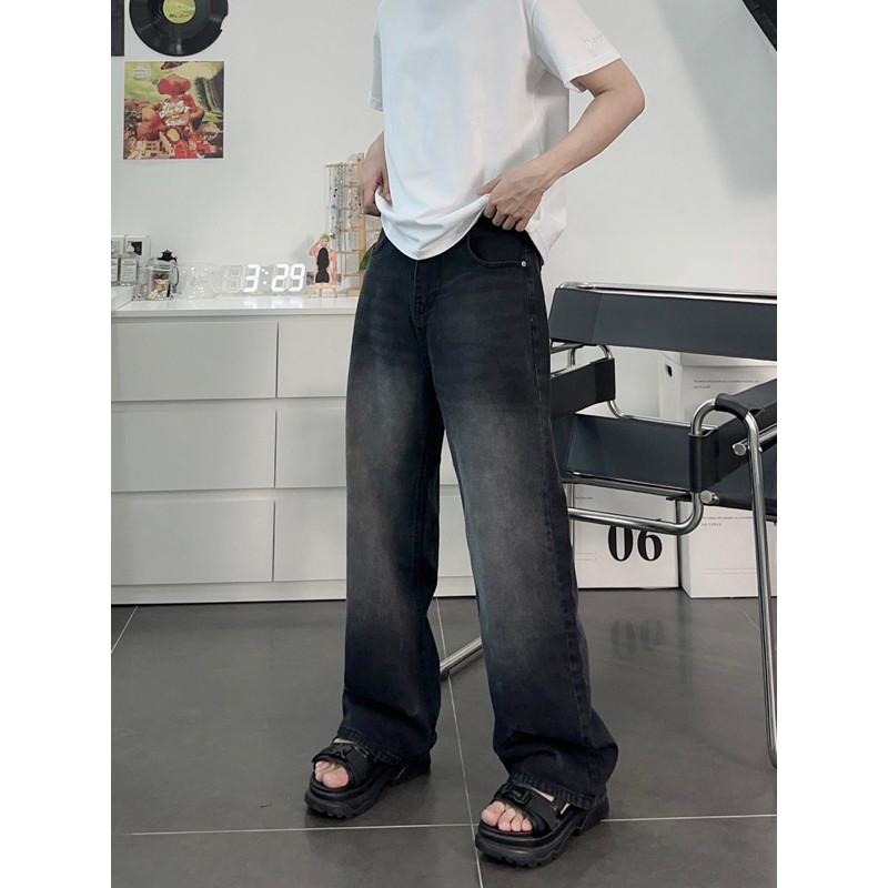 Baggy JEANS Wide Tube Smoke Gray Stripe 1007 FORM UNISEX (Real Photo)