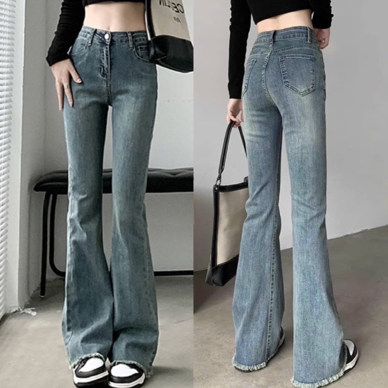 High Waisted Jeans Women Sale Casual Slim Flared Jeans Bootcut Leggings  High Rise Bell Bottom Stretch Fit Cowboy Trousers Full Length Distressed  Plain Denim Joggers Ladies Jeans with Drawstring 