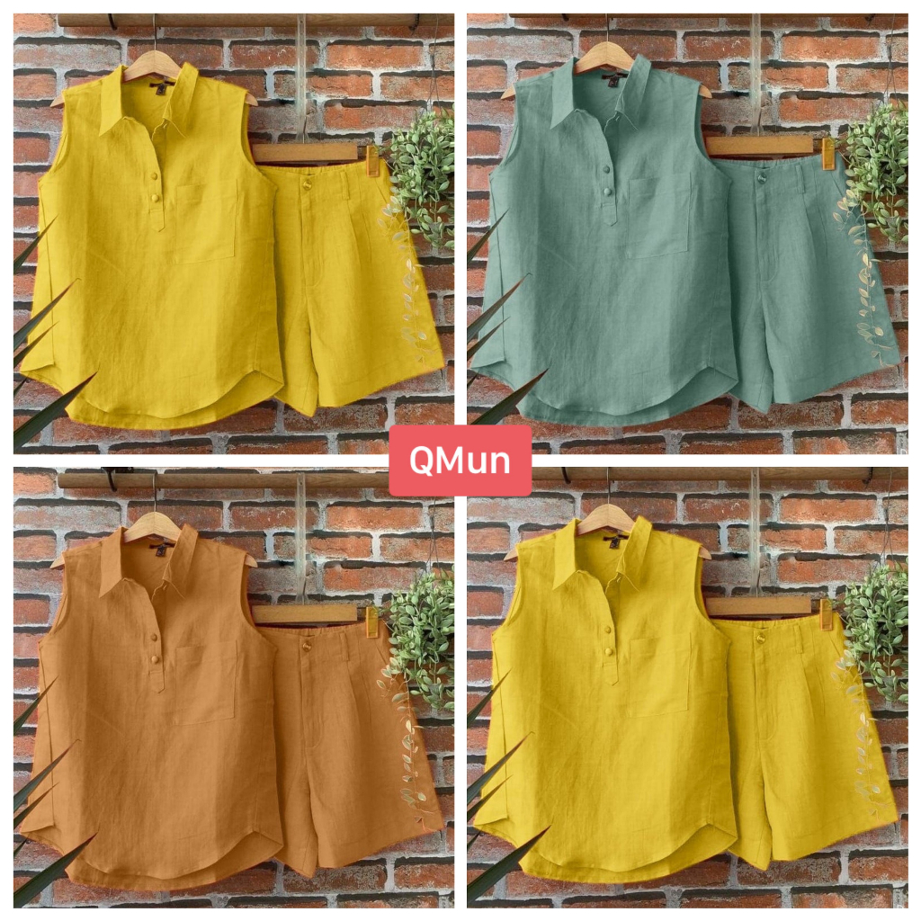 1+1 Sleeveless Tee & Linen Short Set (Ready Stock) main image 1