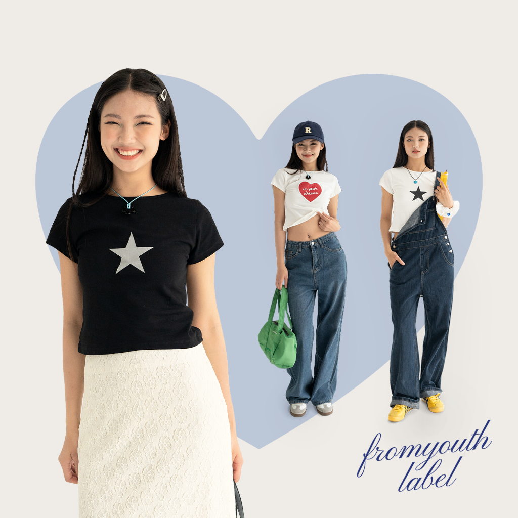Raw cotton T-Shirt FromYouth - Baby Tee (Graphic) (Star & Heart)