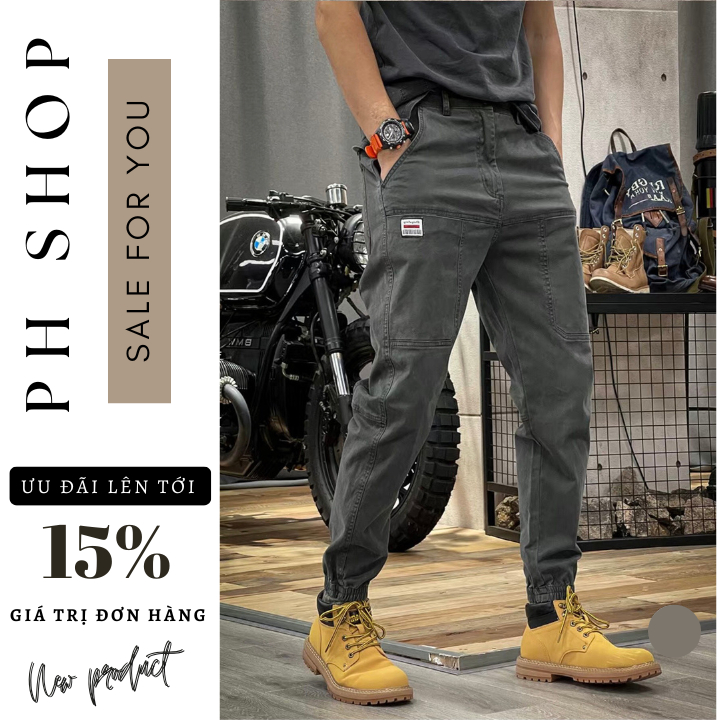 Phshop204 khaki Jogger pants, 6-pocket khaki pants, elastic hem, 2 