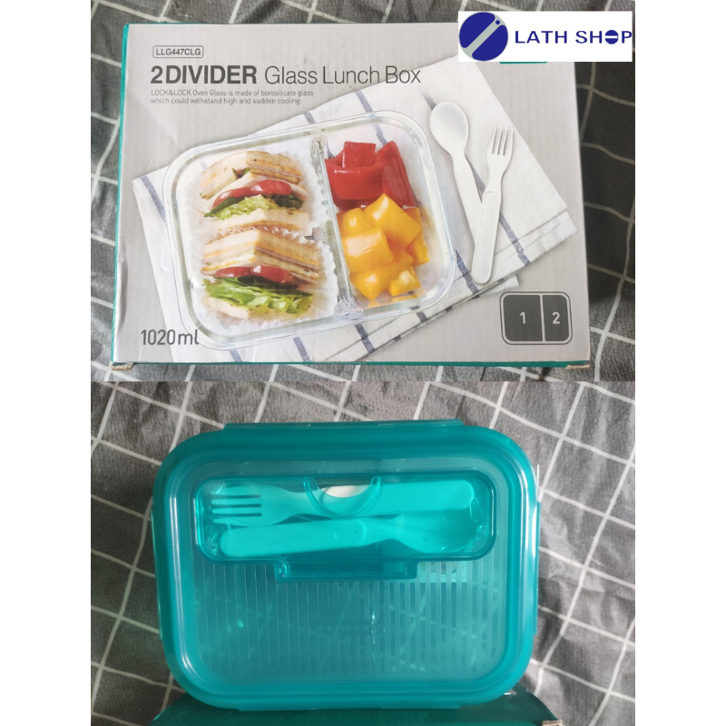 LOCK & LOCK Lock& Glass Box Food Container / Office Lunch Divided In Green With Spoon And Fork
