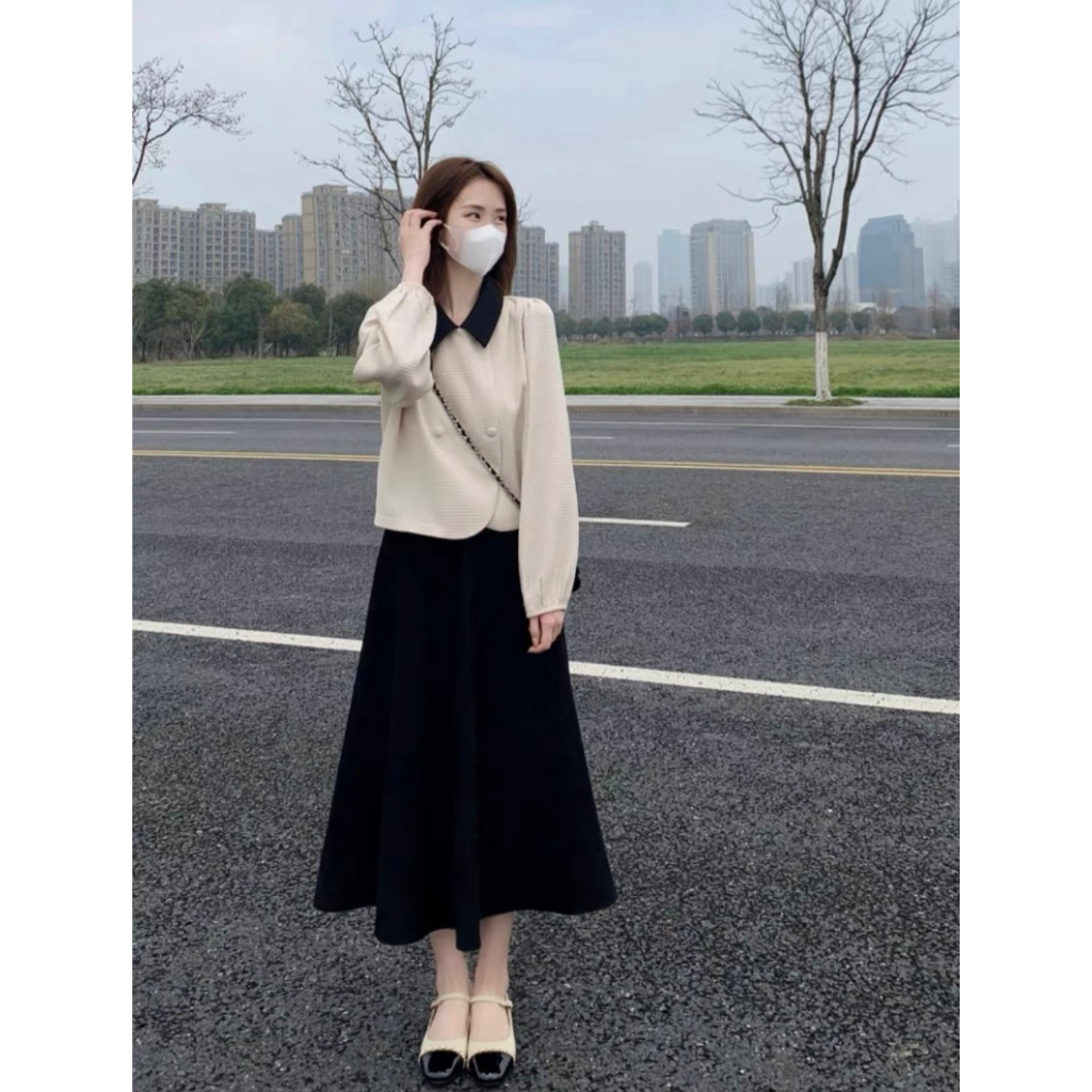 Vintage long-sleeved collared shirt set with midi-length skirt for