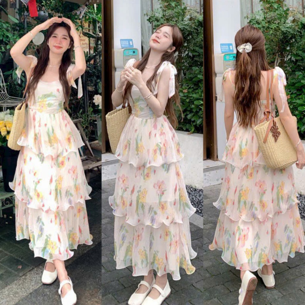 Women's Dress Dress, 3-Storey Flower Chiffon Dress With Mocking ...