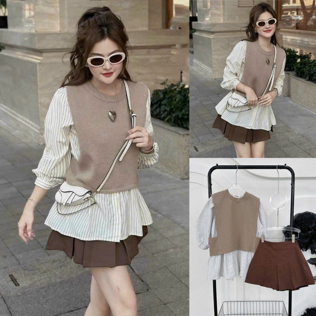 Big Size Gile Set Striped Shirt with Pleated Skirt Big Size Lady Set ...