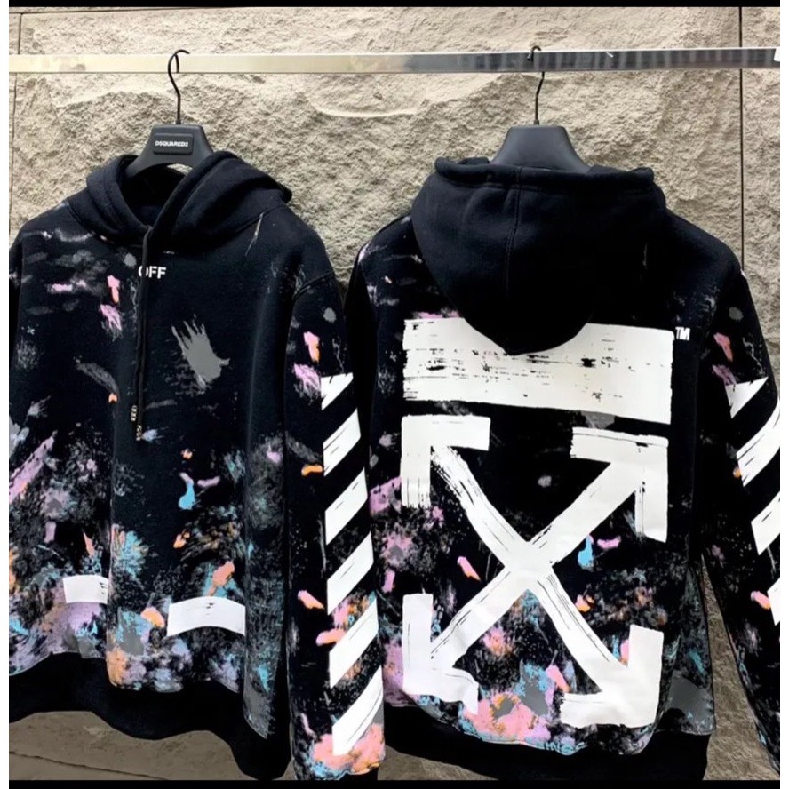 Off White Hoodie for Men and Women with Super Beautiful Lang Paint Flake Pattern Print Off White Hoodie with Extremely Sharp Back Logo Printed.LN Shopee Singapore