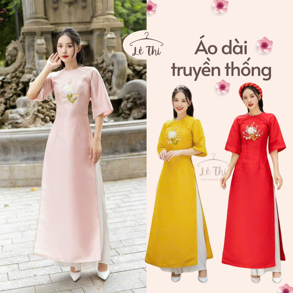 Traditional Ao Dai Tet Embroidered Flowers With Luxurious Pearls, Ao ...