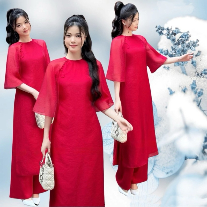 [CNY 2024] Innovative Ao Dai CNY Female 4 Flaps Red Silk Red Flap, Lovely, Light With Bow Tie