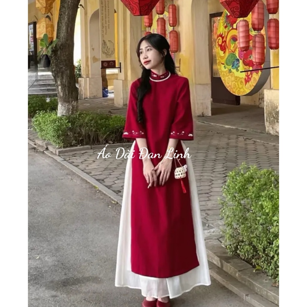 Modern straight ao dai in hand-embroidered velvet fabric in bright red ...