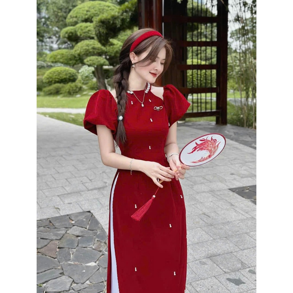 [CNY 2024] Innovative Female Ao Dai Set, Red Velvet Ao Dai With Puffed ...