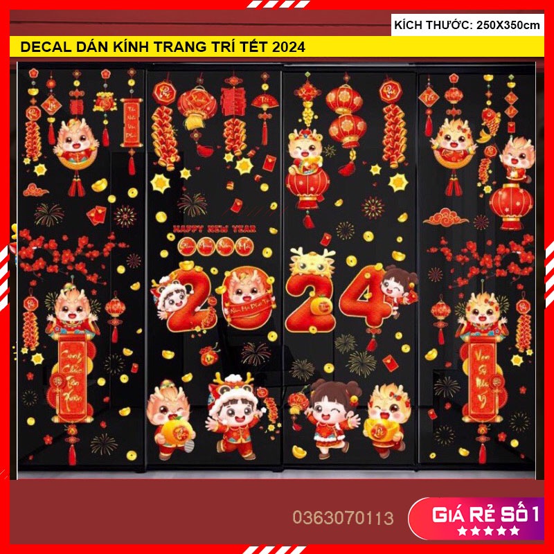 Combo 4 Decal Stickers CNY 2024 in 2Sided Vietnamese Glass Stickers