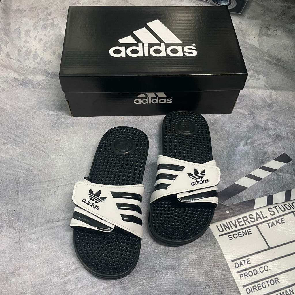 Full Box Adidas Adissage Black White Horizontal Strap Comfortable Foot massage Slippers For Men And Women