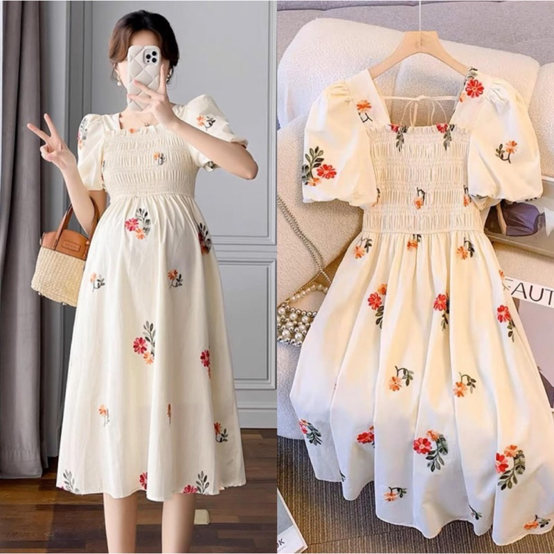 Korean style maternity dress, little flower maternity dress 2024 new model  VINTAGE LITTLE FLOWER PATTERN WITH LADY SLEEVES | Shopee Singapore