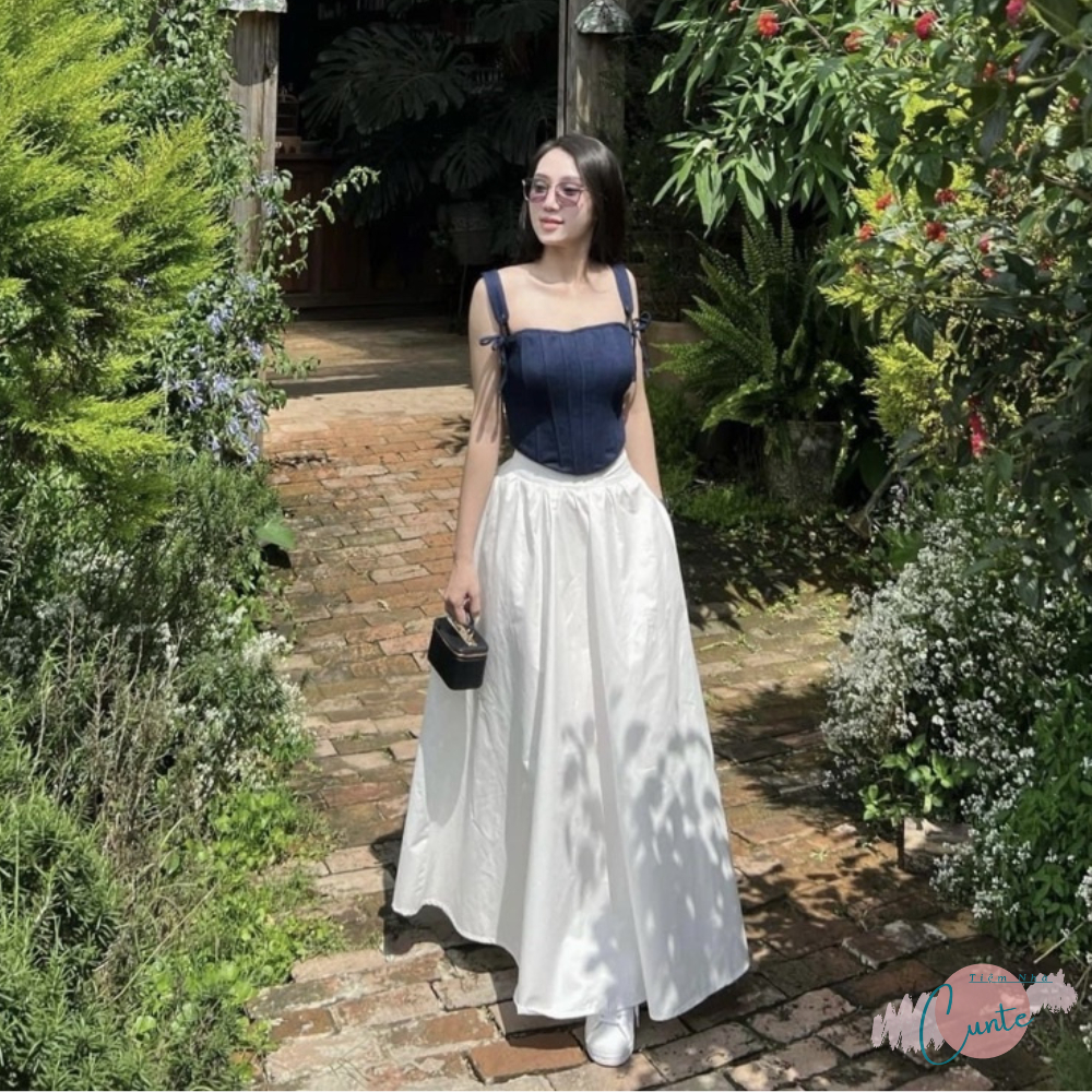 Women's Skirt 2-Strap Corset Denim Crop Top with Bow Tie Mixed with  Lightly Feminine Maxi Skirt Cunte Home Shop