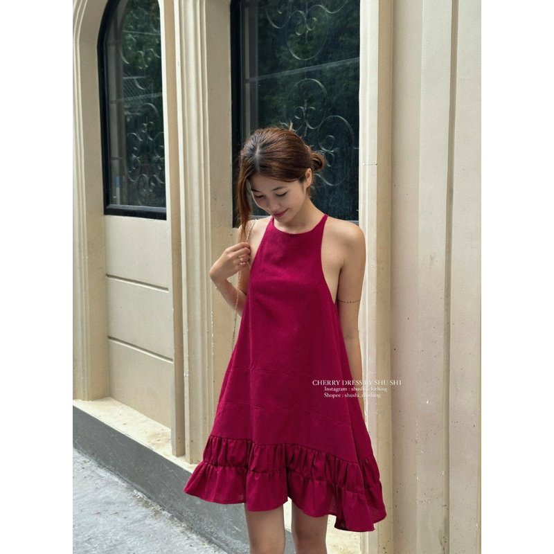 Cherry Dress - Linen Deep Ruffled Slingshot hole Dress (mainer photo ...
