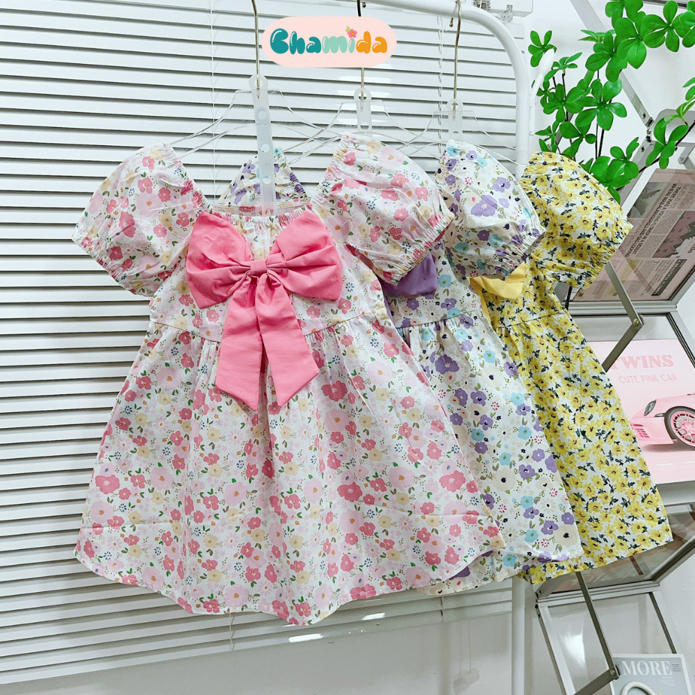 Váy cho bé gái hoa nhí V01 size từ 8 – 18kg, đầm bé gái dáng xòe tay bồng thắt nơ dễ thương xinh xắn