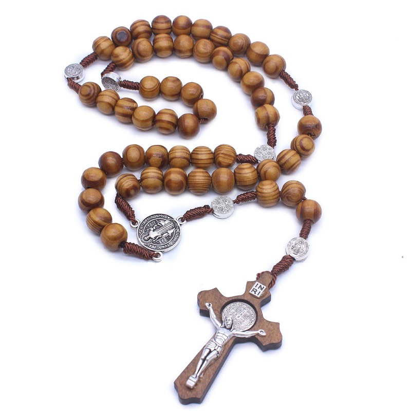 10mm Wood Rosary Necklace Catholic Peacock Beads High Quality Wooden Cross Pendant Necklace Shopee Singapore