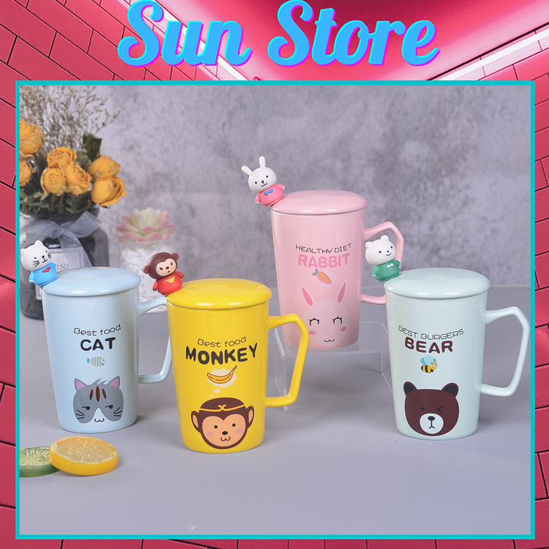 Ceramic cup with spoon, cute Pink Rabbit and Yellow Monkey lid 400ml ...