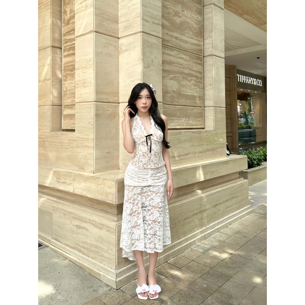 Separate Set] Lace Top with Bow and Long White Skirt with Full