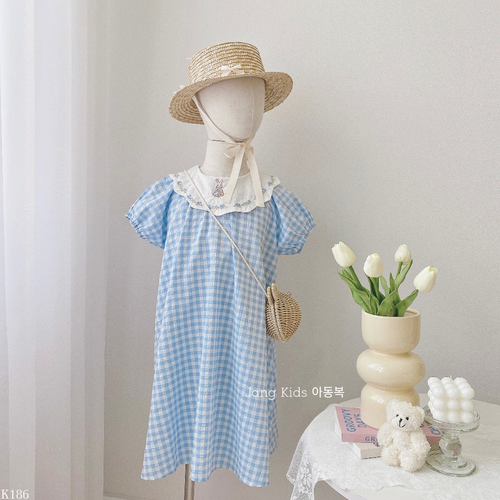 Blue plaid dress with white ruffle collar rabbit K186 | Shopee Singapore