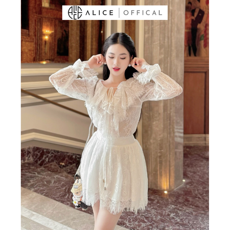 Alice Lady s Lace Dress Set V Neck with Flared Sleeves and Feminine Flared Skirt S576 Shopee Singapore