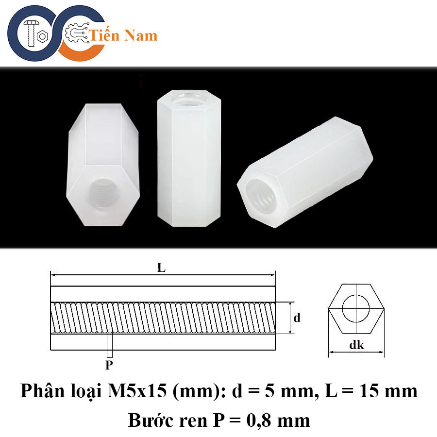 6-sided hexagonal threaded connector on white plastic M5x15 - bag of 10 ...