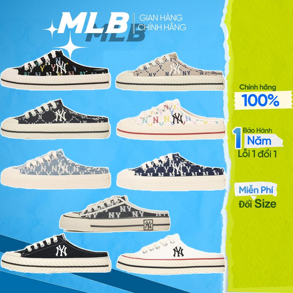 Mlb Playball Origin Mule shoes genuine women s shoes MLB NY logo canvas fabric 3cm high rubber sole durable and beautiful Shopee Singapore