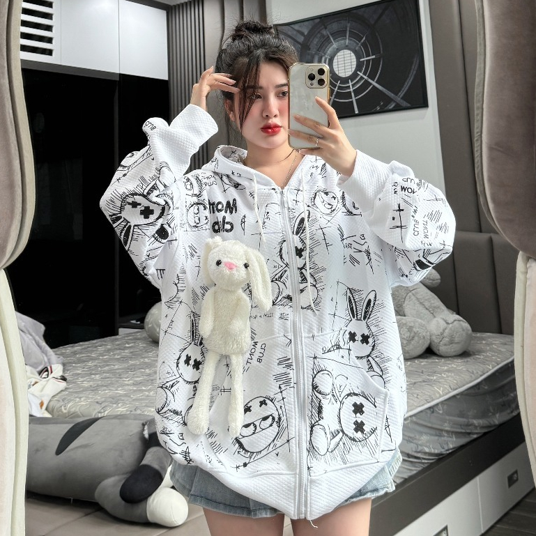 Patterned feltJacket hoodie with zip up hood Open Eyes X Full print Free Bear Included thick felt loose shape personality Shopee Singapore