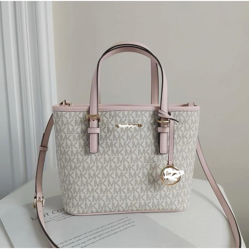 Auth. White M.K Mini Tote Bag with Pink Border Logo