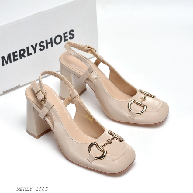 Merly 1585 Brand Square Sole 7cm High Heels GC Buckle Square Toe Shoes High Quality Micro Leather Soft and Cool High Stain Resistance Shopee Singapore