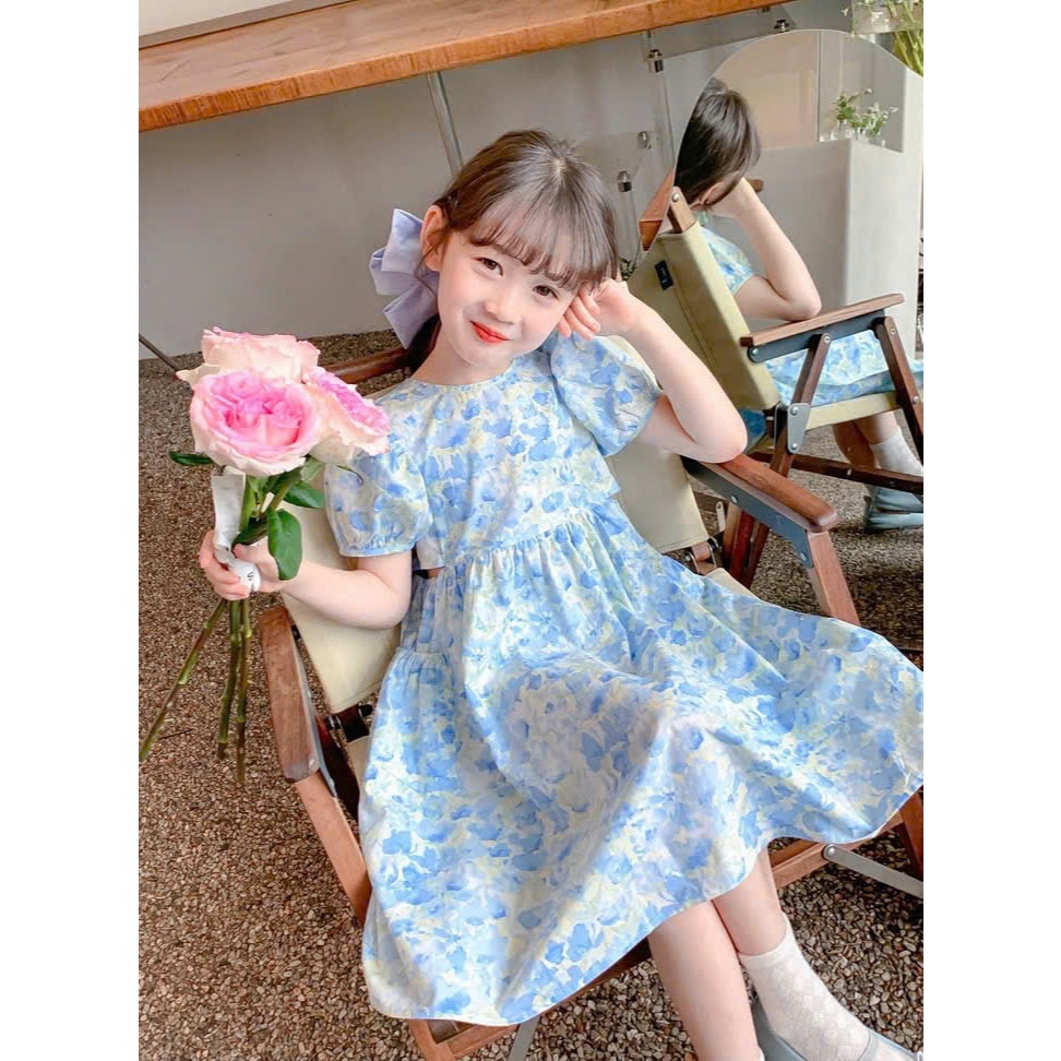 Đầm hoa thiết kế cắt eo nhẹ, màu xanh ngọc dịu mát cho bé gái từ 8-45kg G68