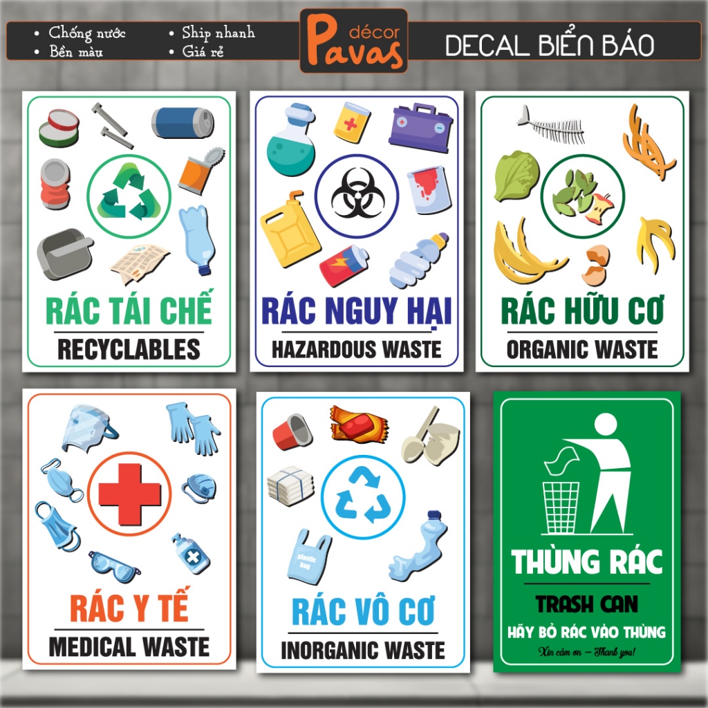 Trash Classification Sign Decal - Waterproof Trash Can for wall ...