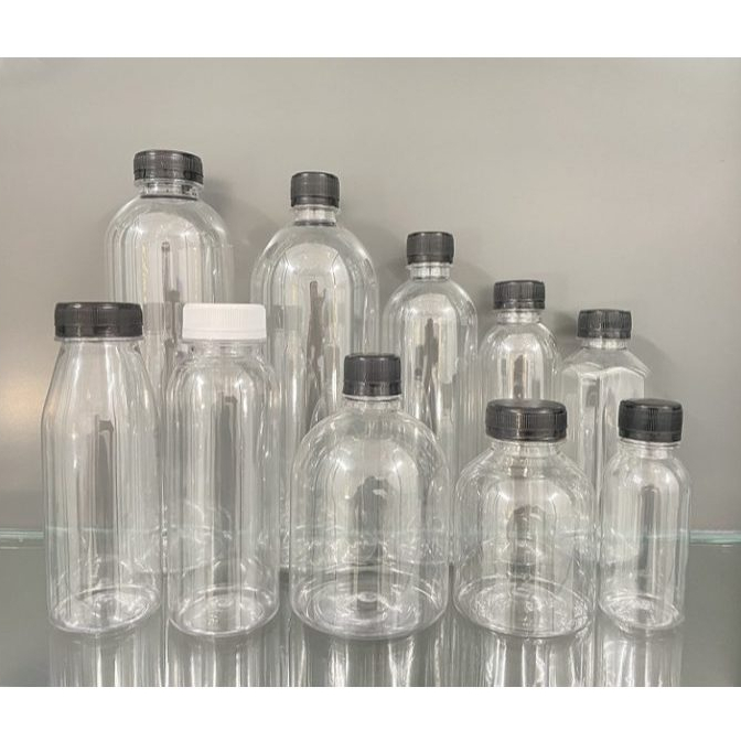 20 Round Plastic Bottles, Square Plastic Bottles with black caps, sizes ...