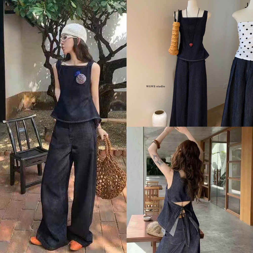[WGWE] peplum denim shirt + basic Korean style wide leg pants Set for ...